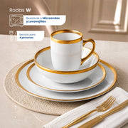 Vajilla de Cerámica Rodas W Chefmaker 16 Piezas Para 4 Personas Blanco con borde Dorado - Chefmaker.com.mx